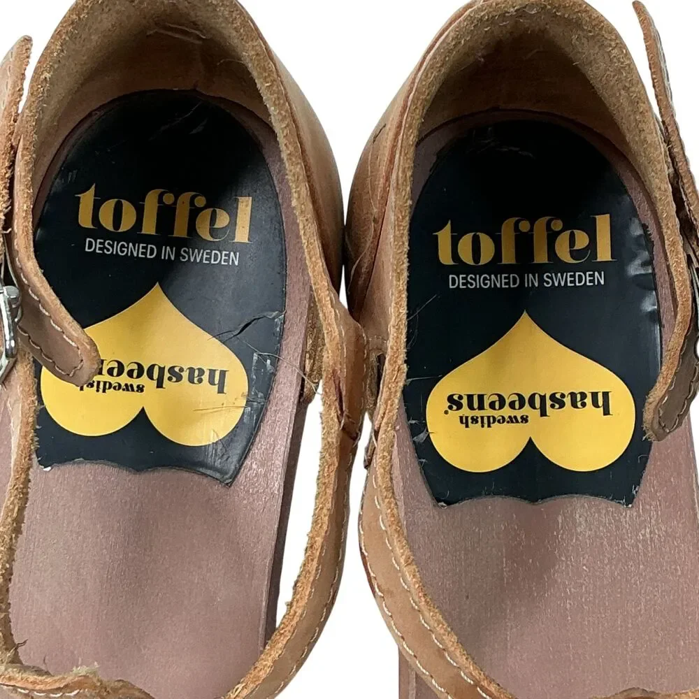 Toffel Swedish Clog Hasbeens T-Strap EU 38 Leather Wedge Heels Sandals Beige